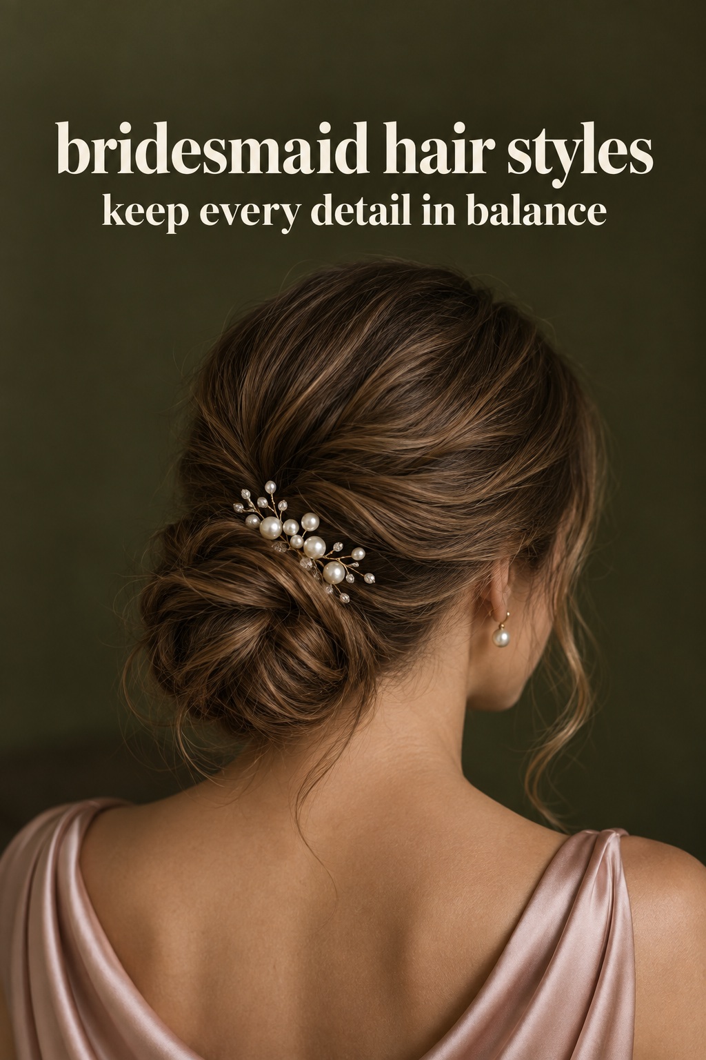 bridesmaid hair styles in a low twist balanced with a pearl comb, earring, and satin neckline
