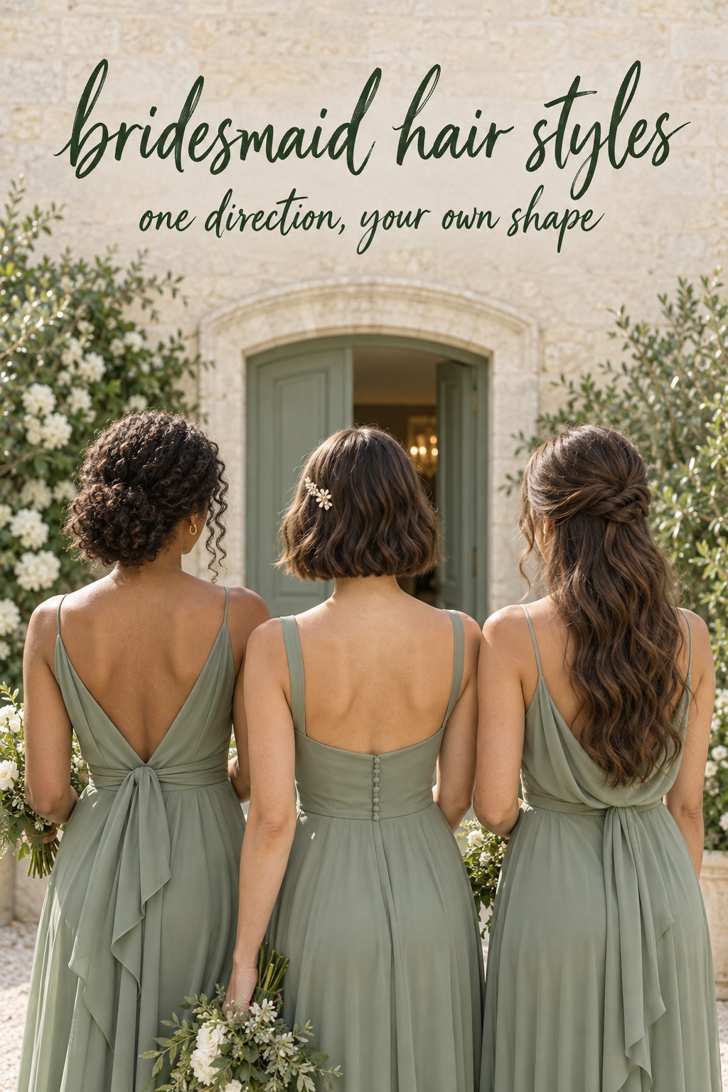bridesmaid hair styles adapted for three bridesmaids with curls, a bob, and long half-up hair