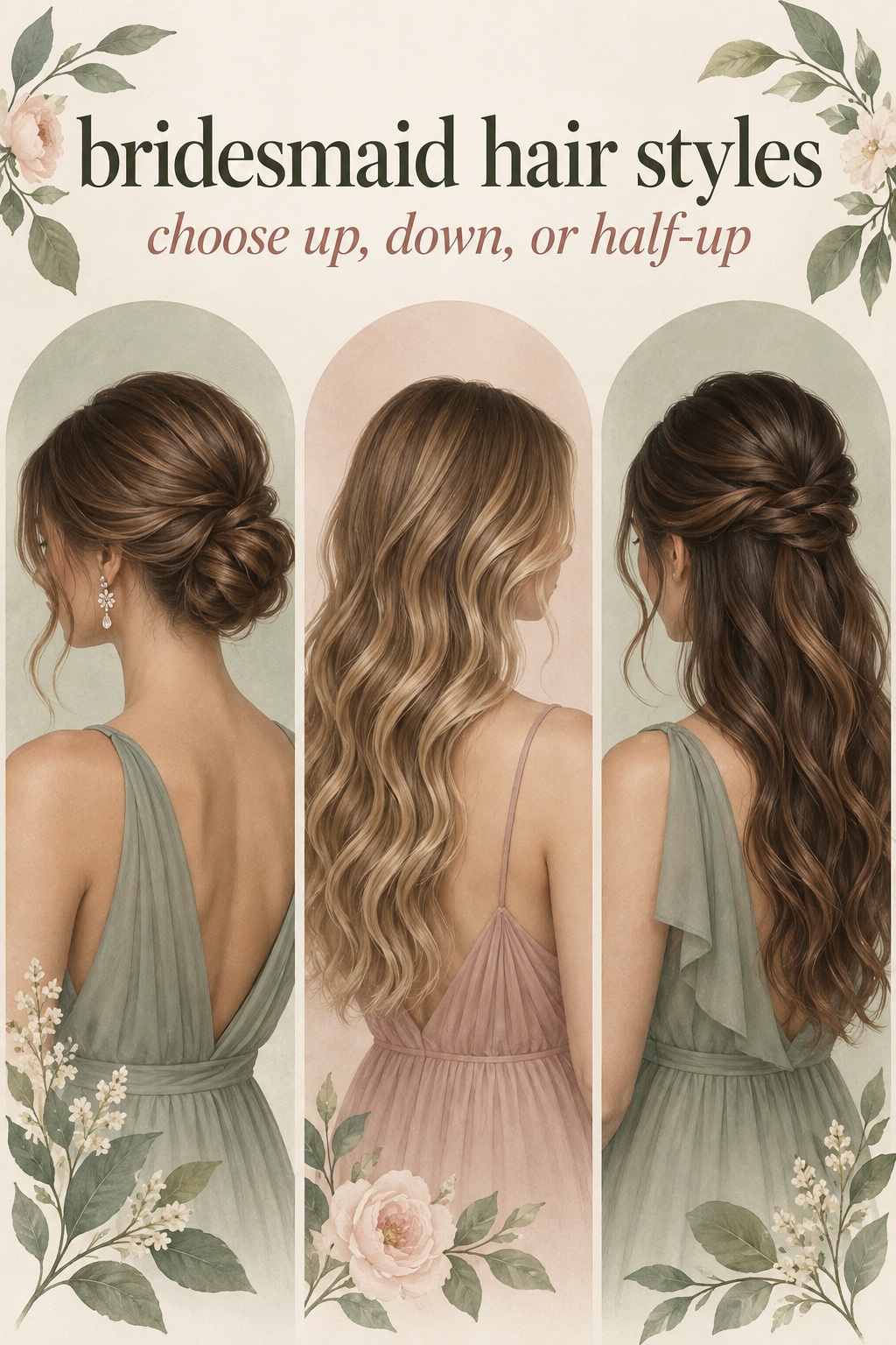 bridesmaid hair styles compared in a Pinterest-flat board with an updo, loose waves, and half-up twist