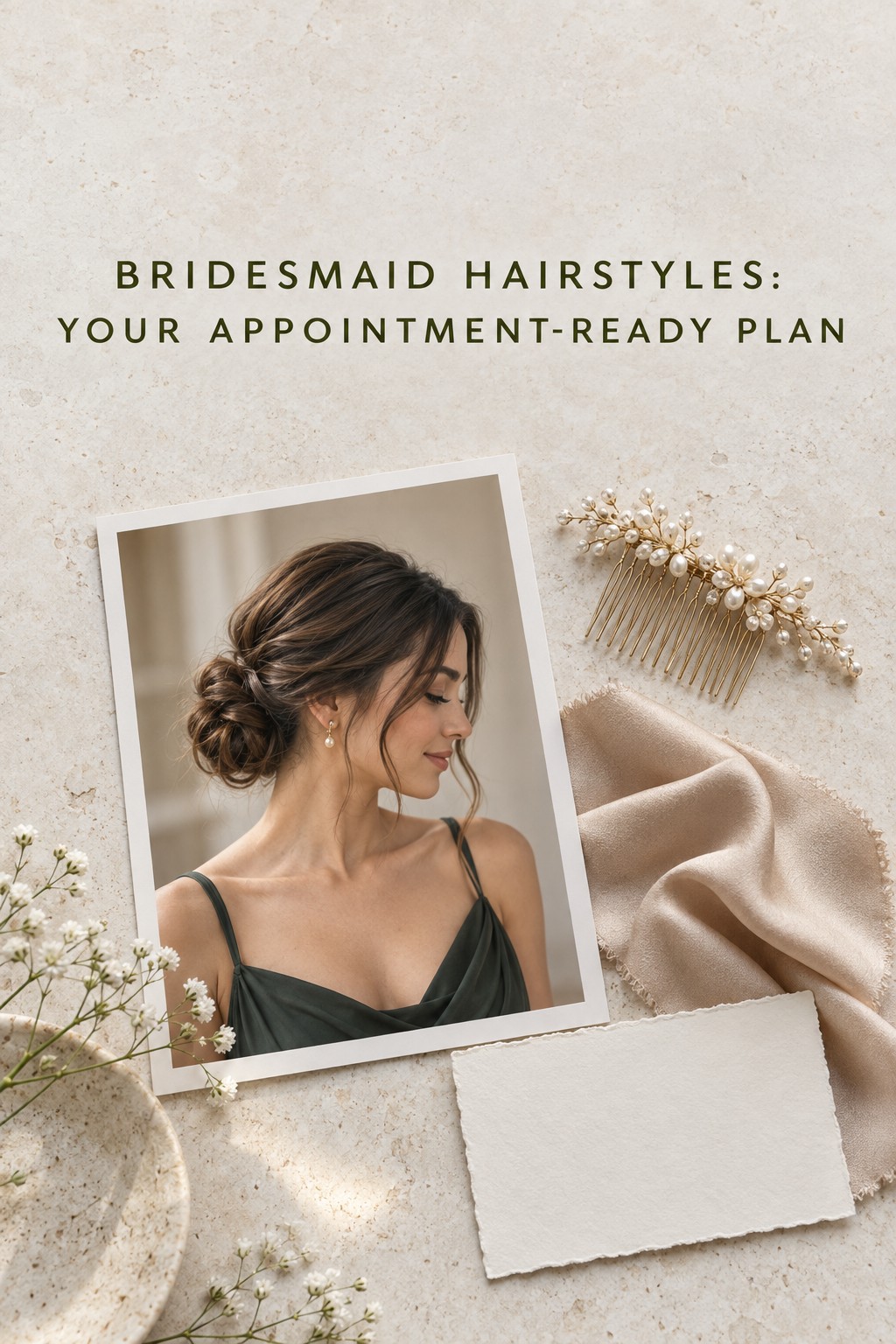 Bridesmaid hairstyles inspiration board with updo, comb, and swatches