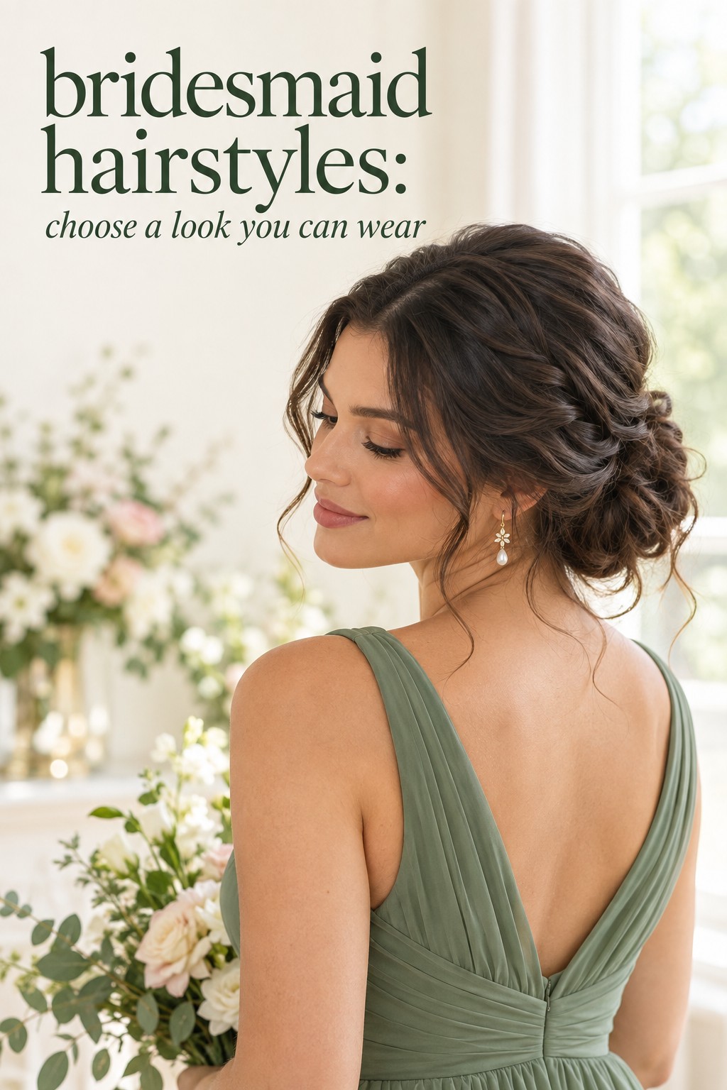 Bridesmaid hairstyles with a braided low bun and sage dress