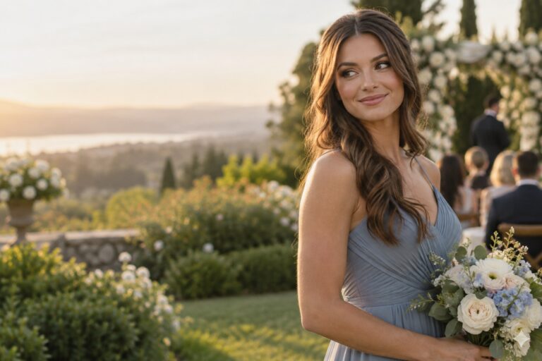 Bridesmaid in a blue dress with long hair down in soft waves