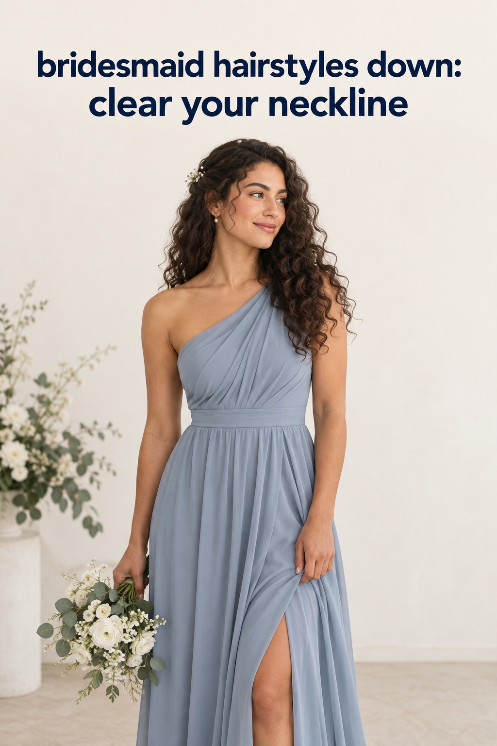 Bridesmaid hairstyles down with curls swept away from a blue neckline