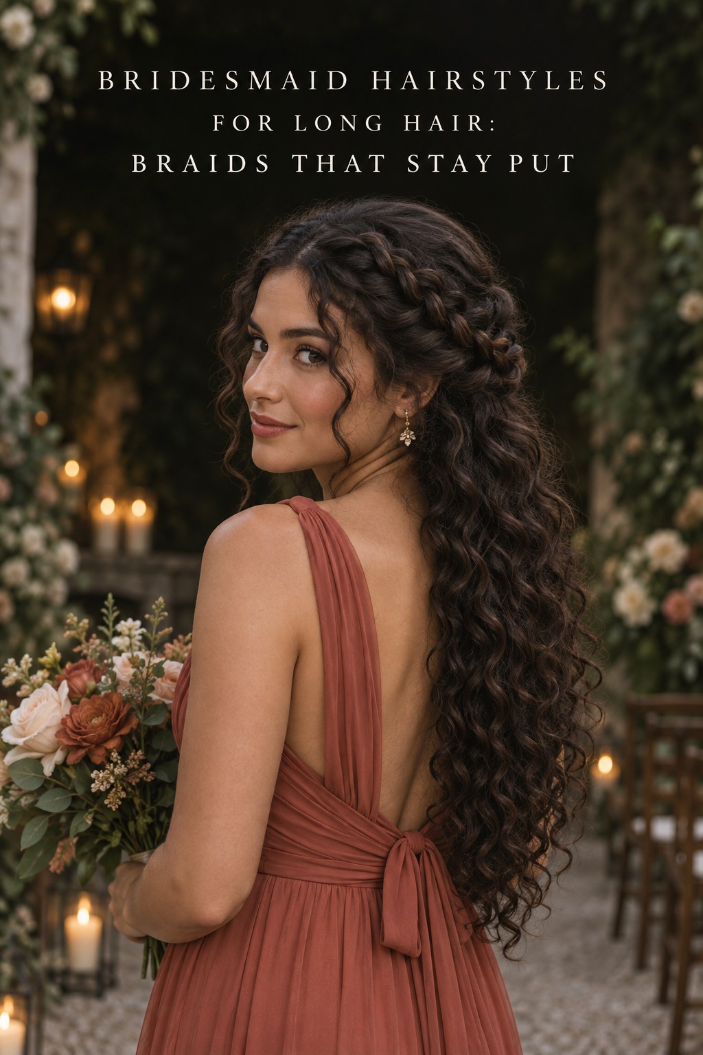 Bridesmaid hairstyles for long hair with a braided crown and natural curls