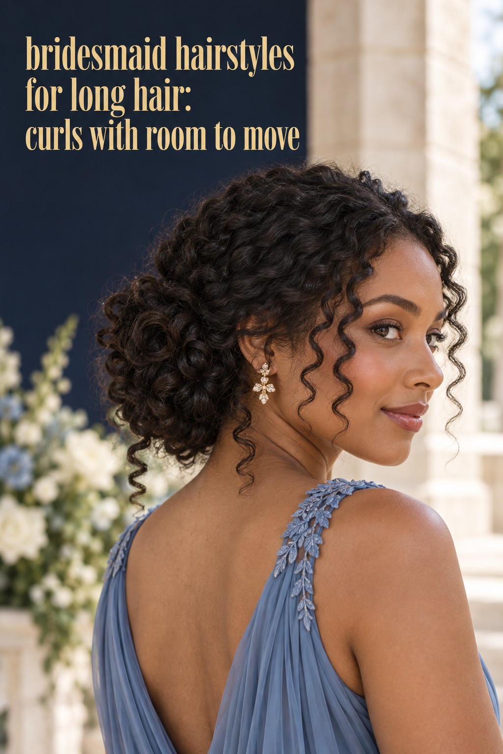 Bridesmaid hairstyles for long hair with a soft updo that keeps natural curls visible