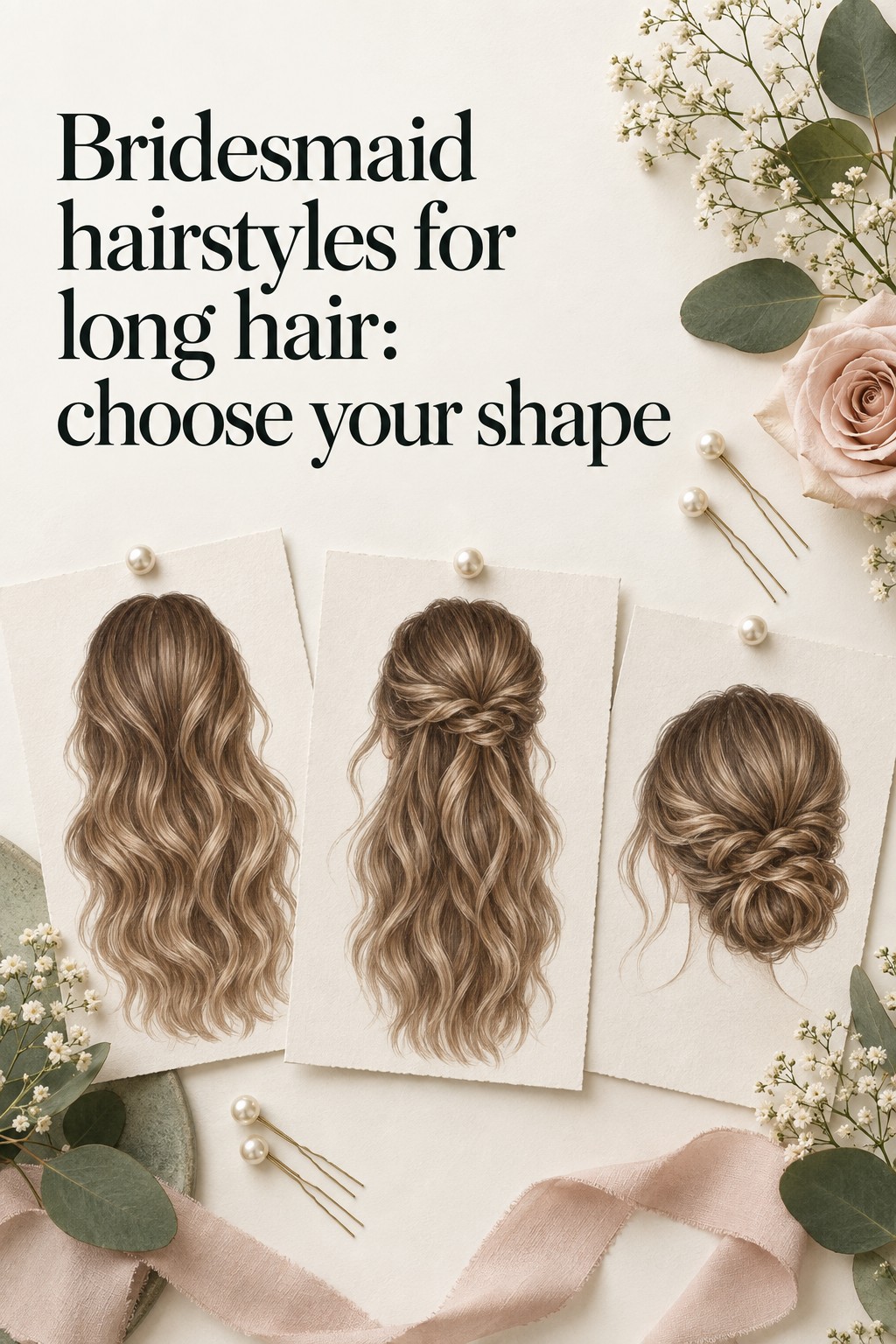 Bridesmaid hairstyles for long hair compared on an elegant planning board