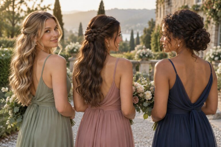 Three bridesmaids show long loose waves, a braided half-up style, and a curly low updo