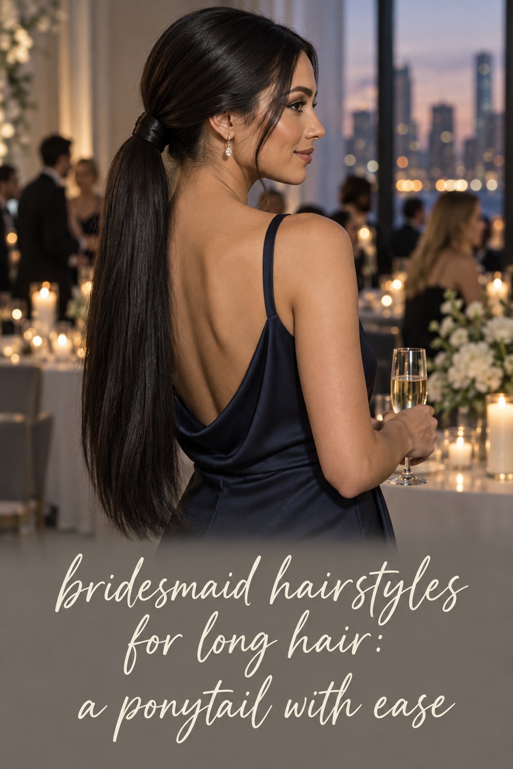 Bridesmaid hairstyles for long hair in a sleek low ponytail at an evening reception