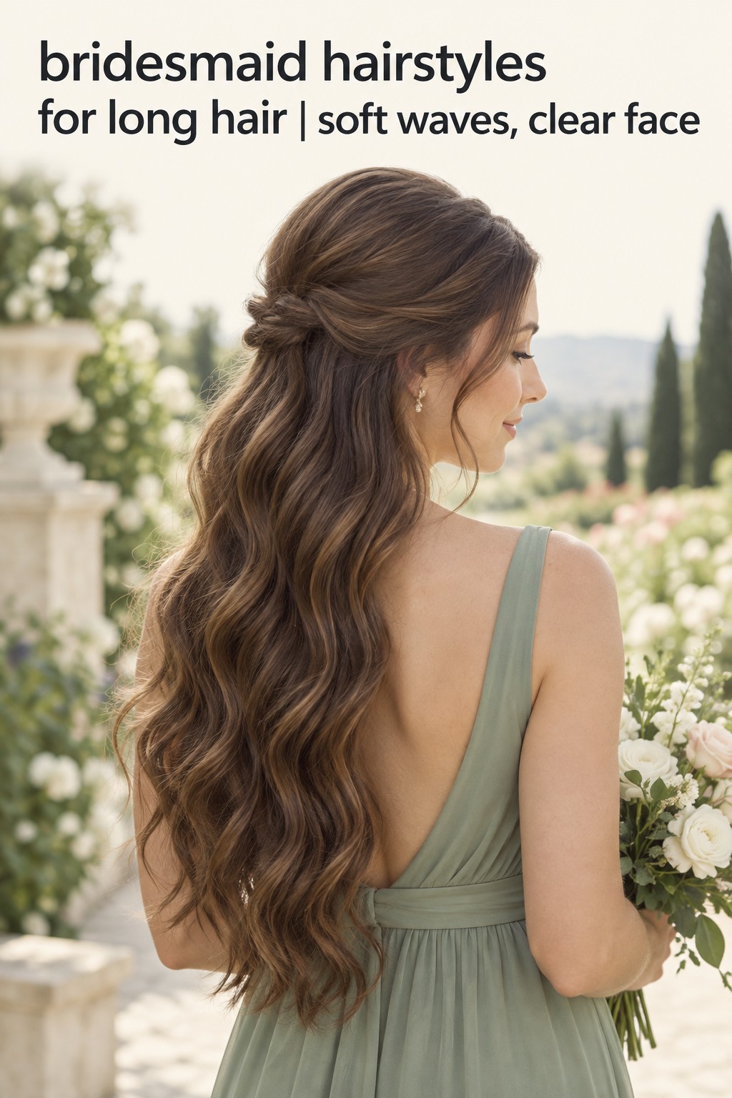 Bridesmaid hairstyles for long hair in soft half-up waves and a sage dress