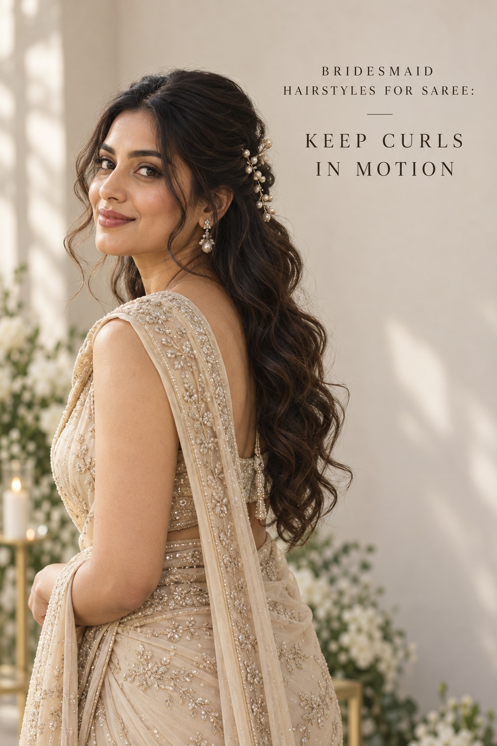 bridesmaid hairstyles for saree with half-up waves and a pearl vine