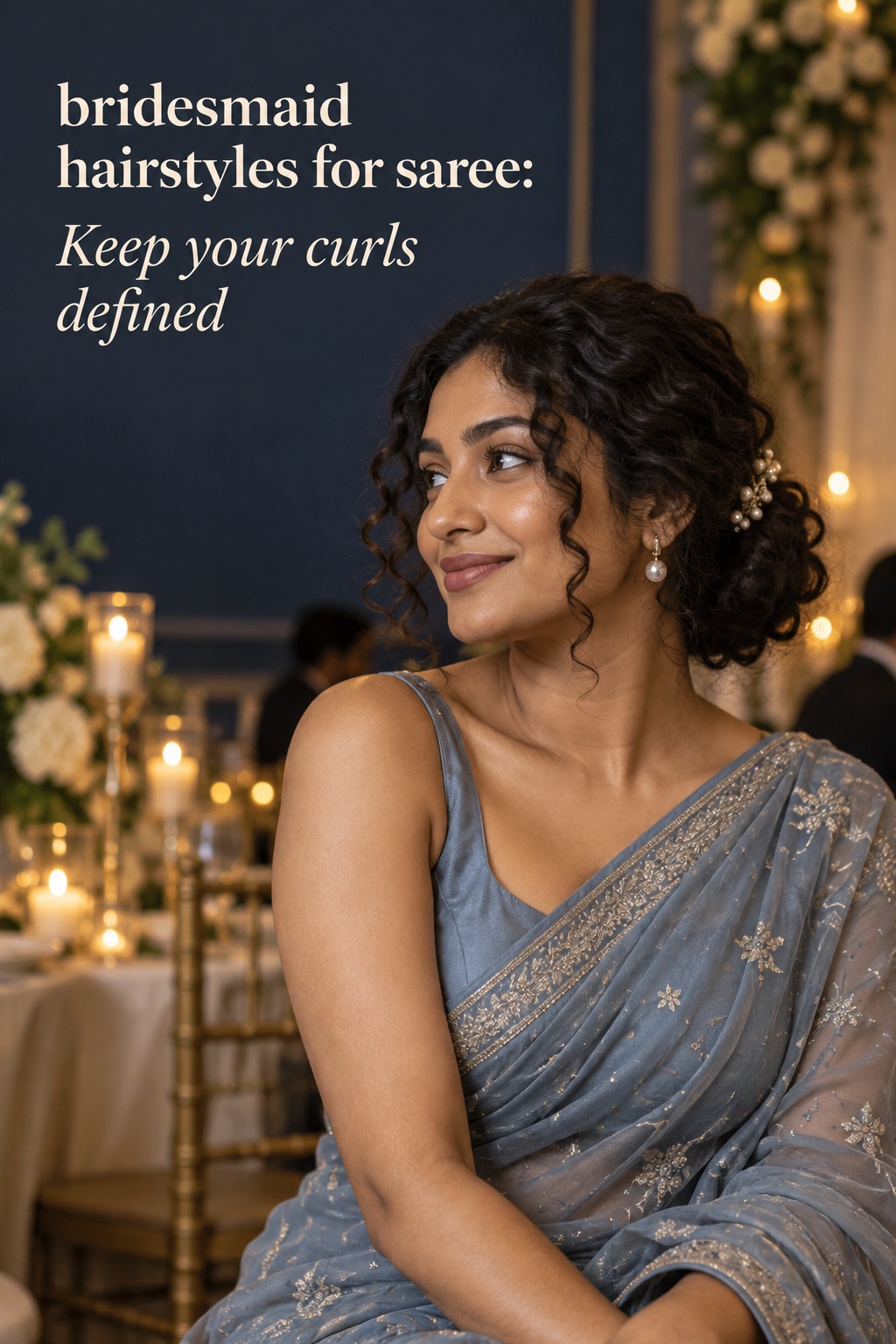 bridesmaid hairstyles for saree with defined natural curls in a low updo