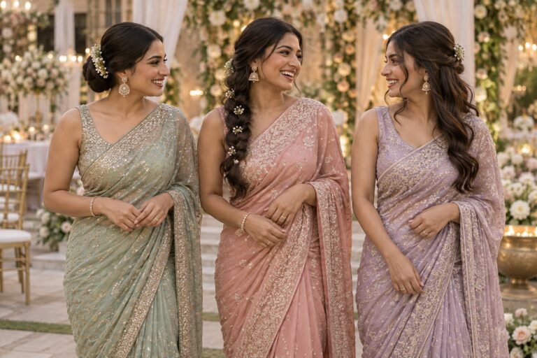 bridesmaid hairstyles for saree with three coordinated yet individual wedding looks