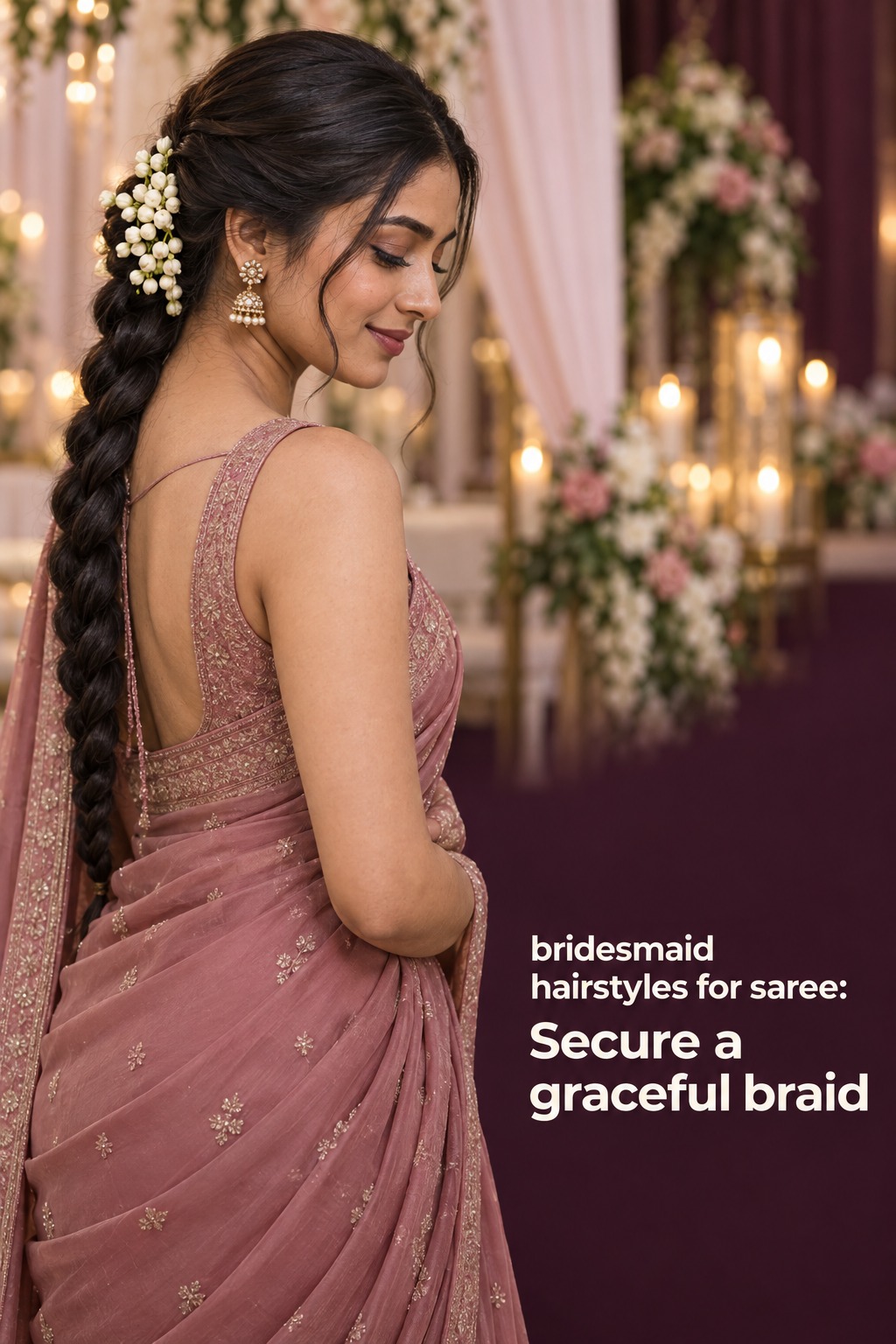 bridesmaid hairstyles for saree with a secure jasmine-accented braid