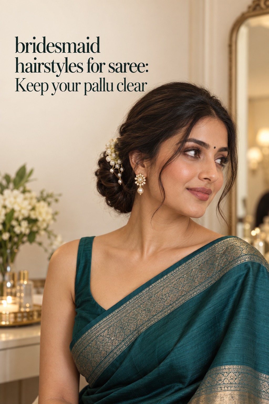 bridesmaid hairstyles for saree with a low bun that keeps the pallu clear