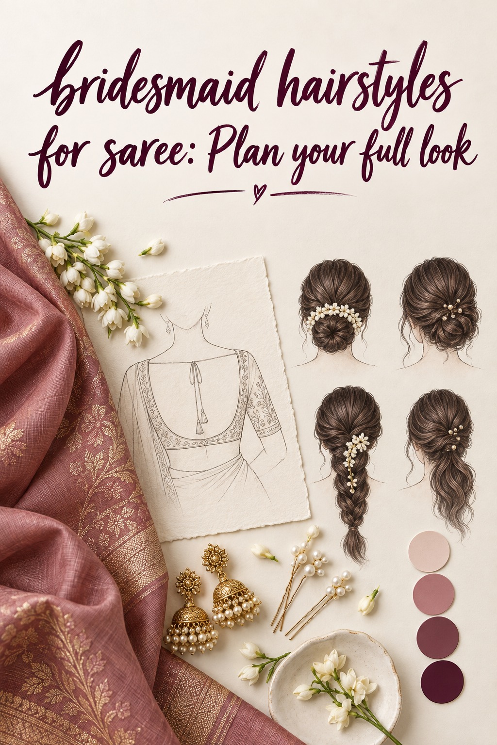 bridesmaid hairstyles for saree planning board with bun braid and outfit swatches