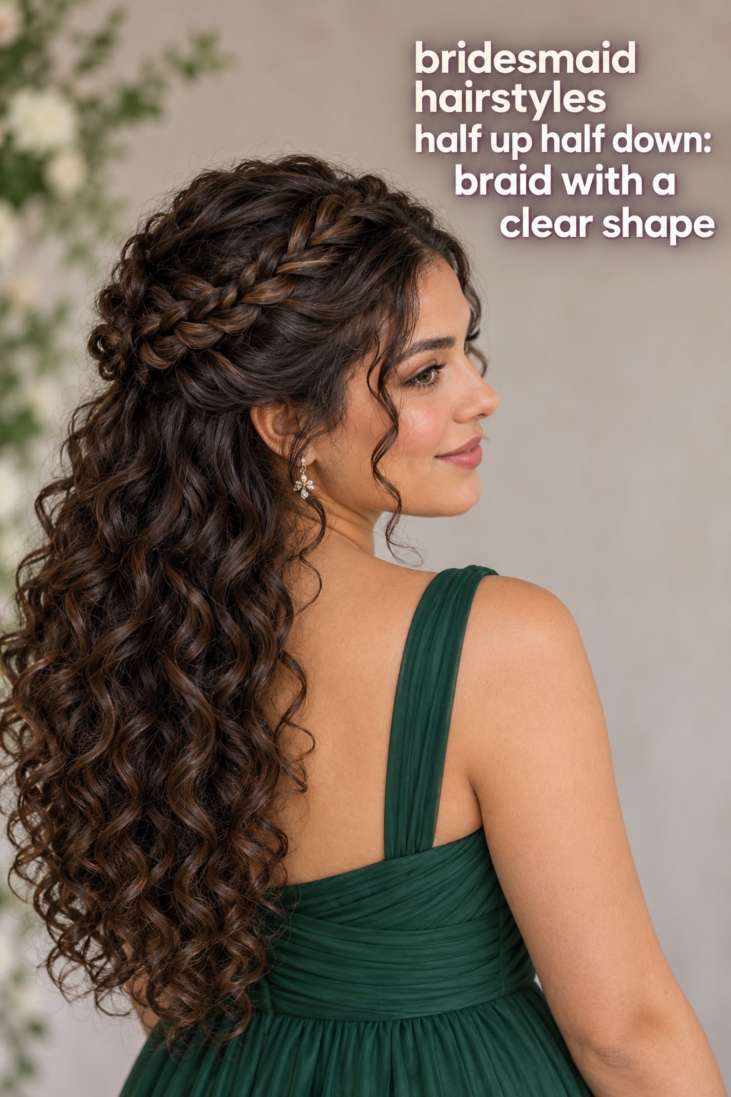 Bridesmaid hairstyles half up half down with a braided crown and long curls