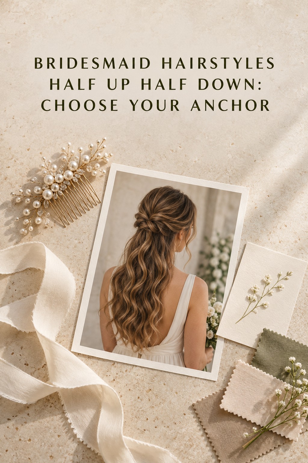 Bridesmaid hairstyles half up half down inspiration flat lay with a twist and comb