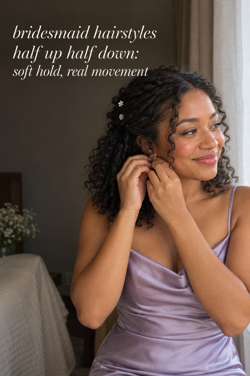 Bridesmaid hairstyles half up half down on natural curls pinned softly
