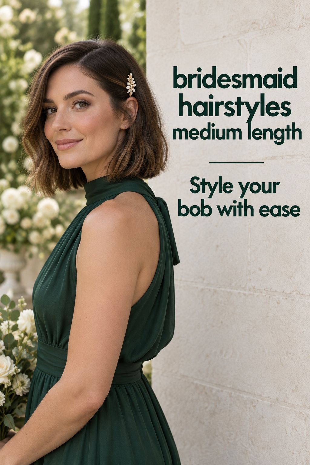 Bridesmaid hairstyles medium length styled as a polished bob with a barrette