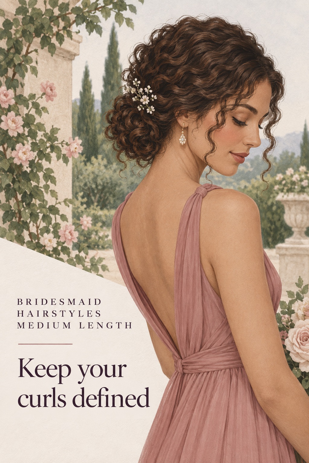 Bridesmaid hairstyles medium length with defined natural curls in a textured updo