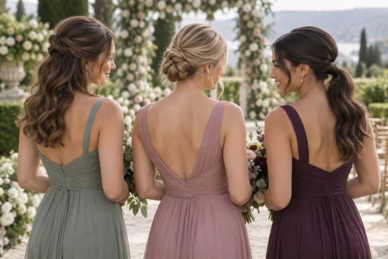 Three bridesmaids wearing medium-length half-up waves, a low bun, and a ponytail