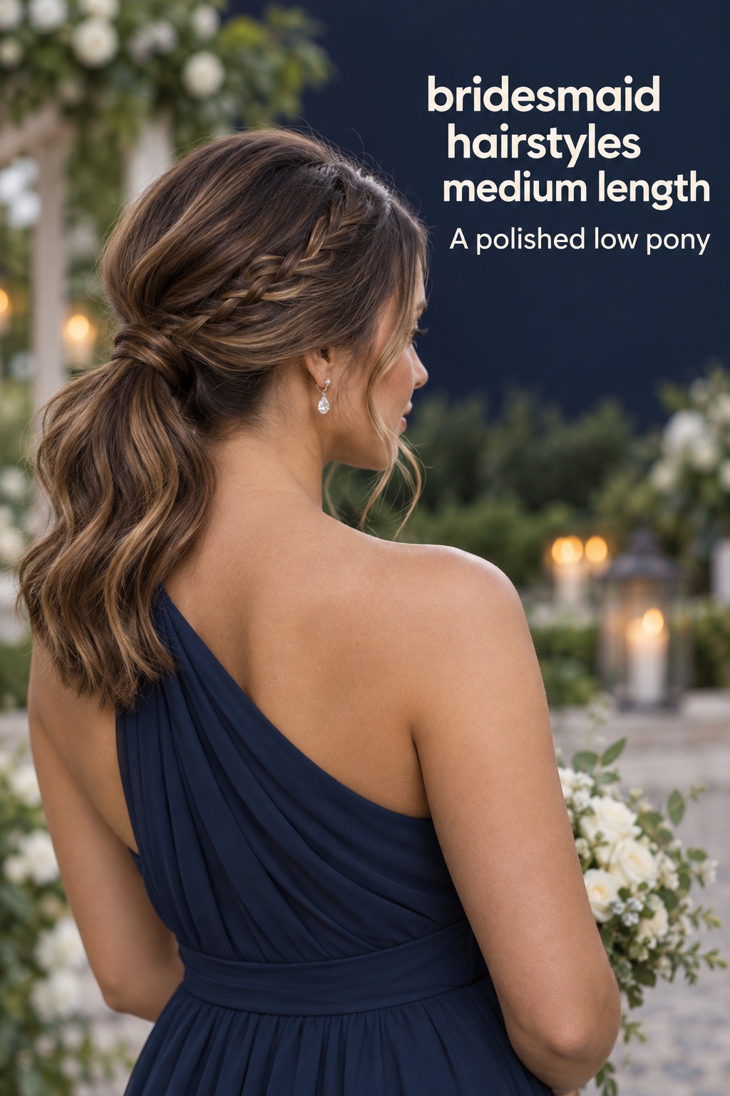 Bridesmaid hairstyles medium length in a polished low ponytail with a side braid