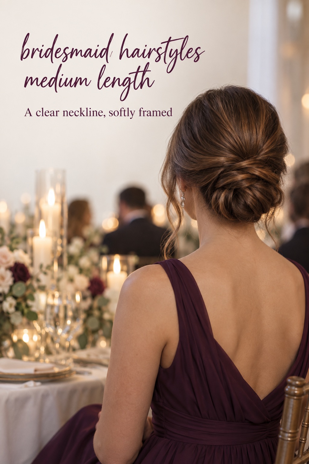 Bridesmaid hairstyles medium length in a low twisted bun with a clear neckline