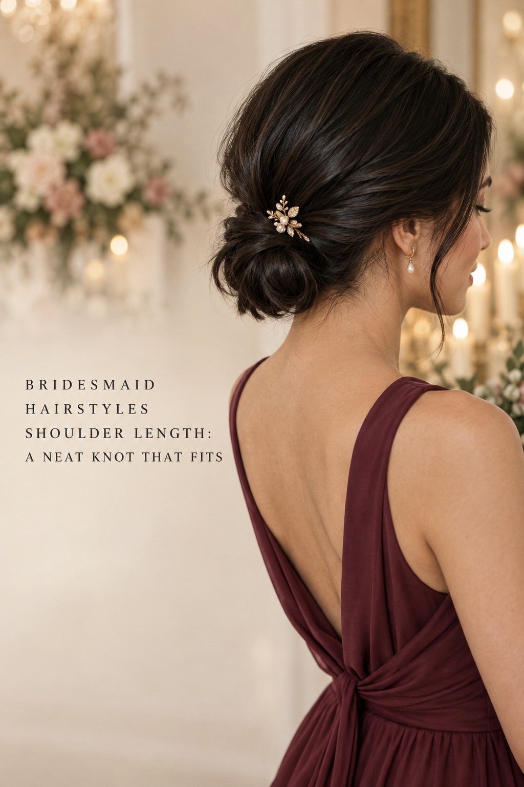 Bridesmaid hairstyles shoulder length in a compact soft low knot with a gold comb