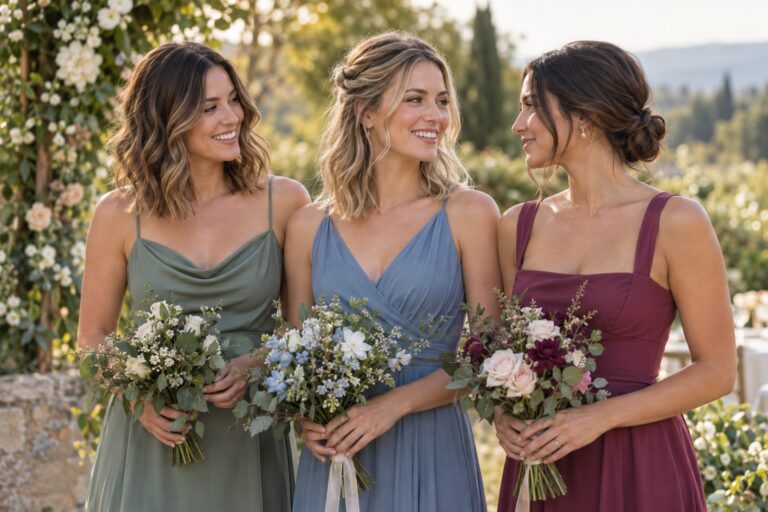 Bridesmaids with shoulder length hairstyles in waves, a half-up twist, and a low knot