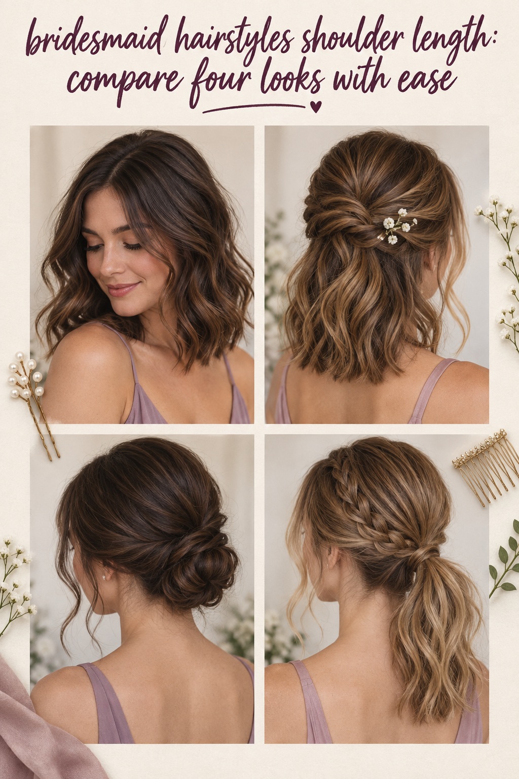 Bridesmaid hairstyles shoulder length Pinterest comparison of four wedding hair looks