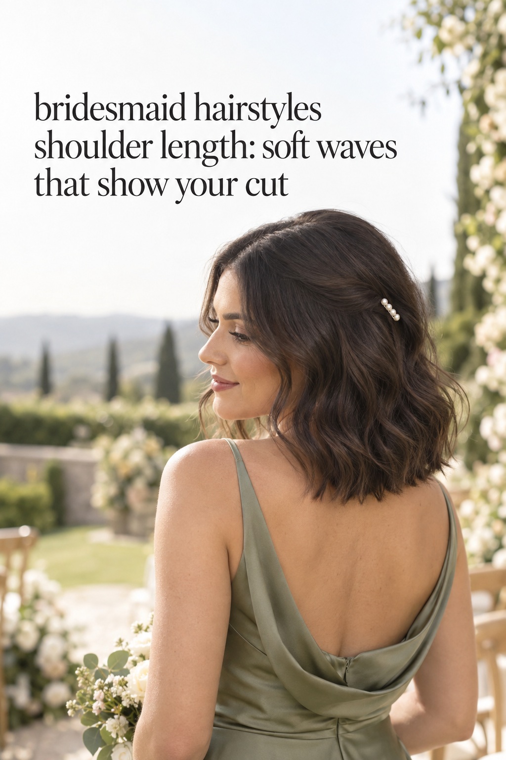 Bridesmaid hairstyles shoulder length in soft brunette waves with a pearl barrette