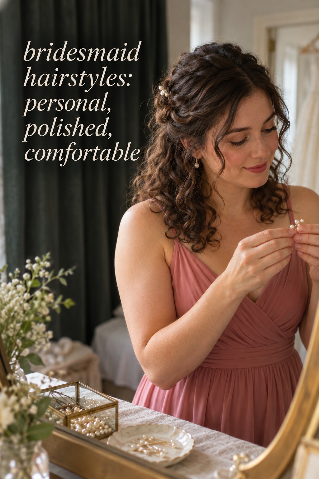 Bridesmaid hairstyles with curls and pearl pin in getting-ready moment