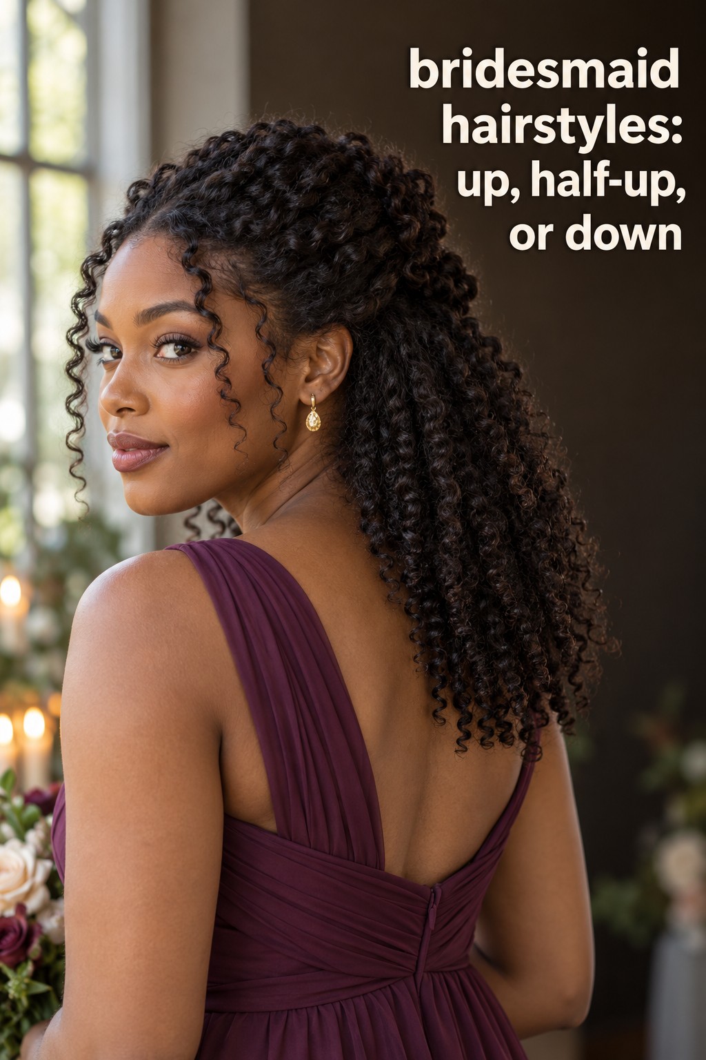Bridesmaid hairstyles with natural curls styled half-up in plum