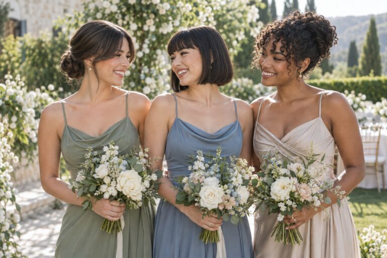 three bridesmaids with curtain, blunt, and curly bangs in coordinated wedding hairstyles
