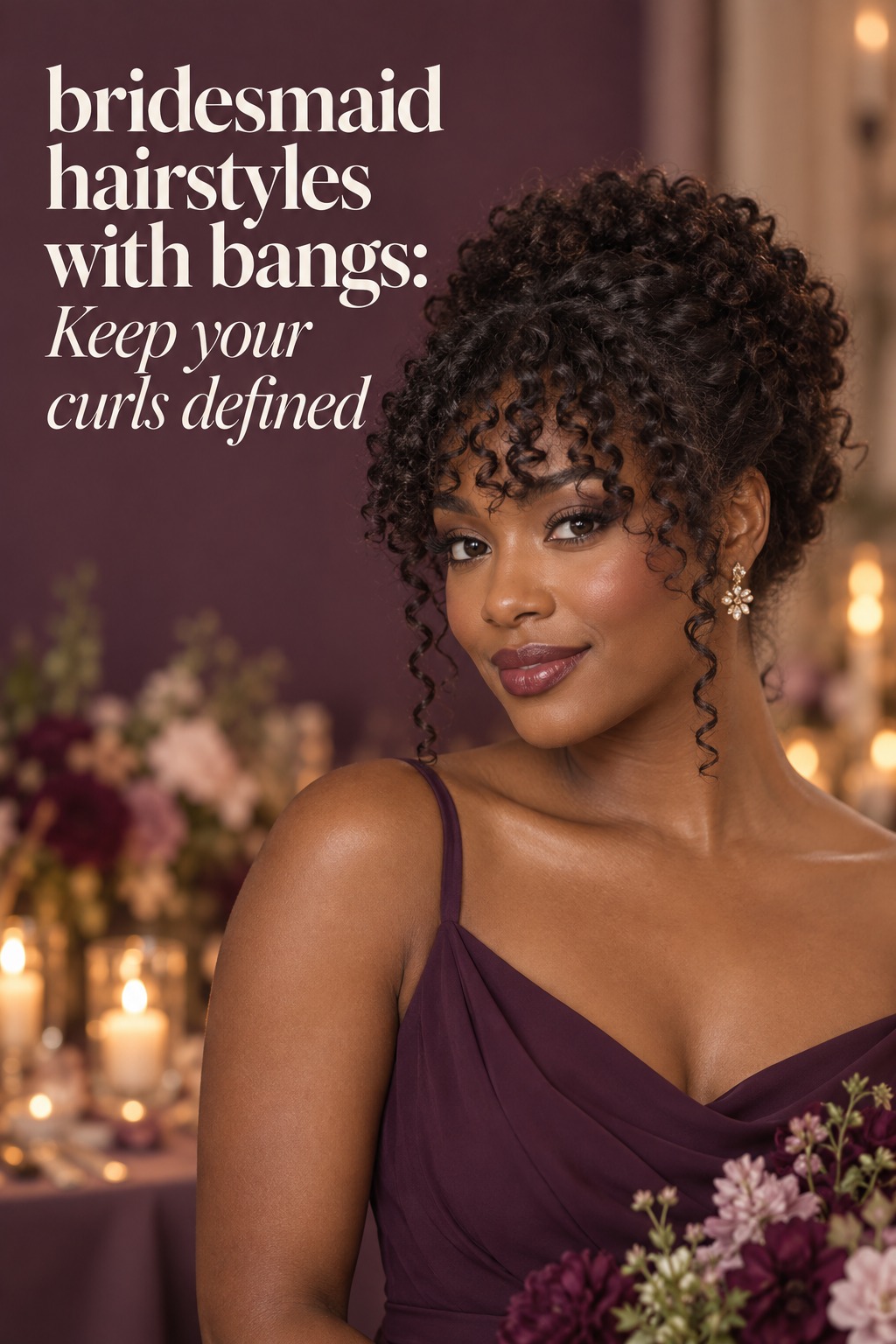 bridesmaid hairstyles with bangs in a natural coily updo with defined curls