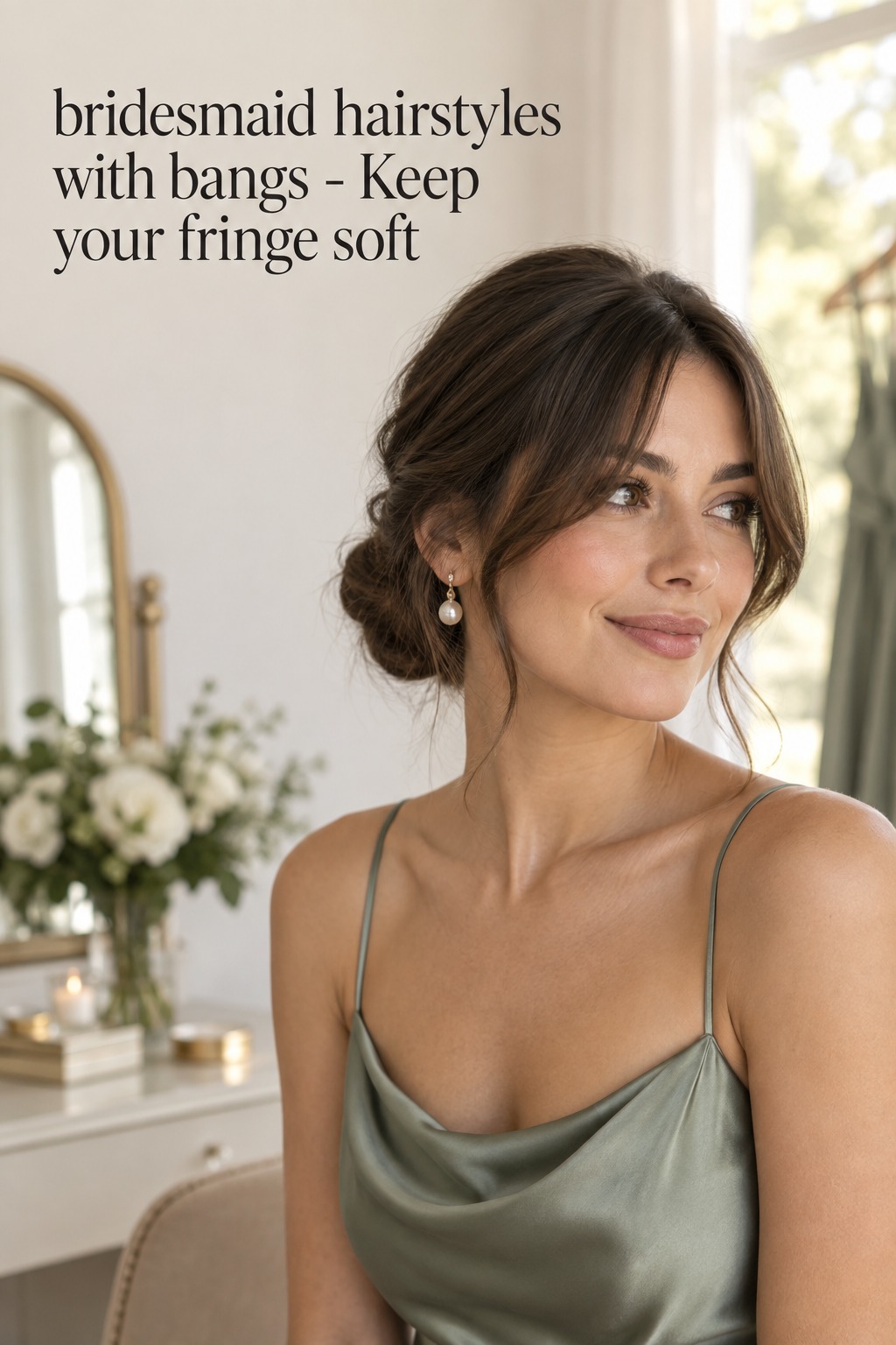bridesmaid hairstyles with bangs in a soft curtain fringe and low chignon