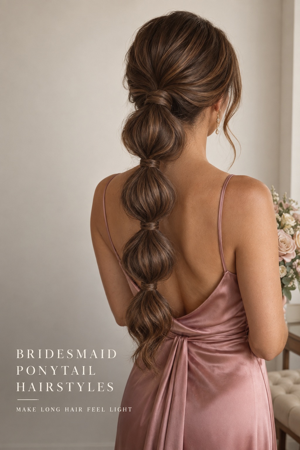 Bridesmaid ponytail hairstyles with a long bubble ponytail and soft sections