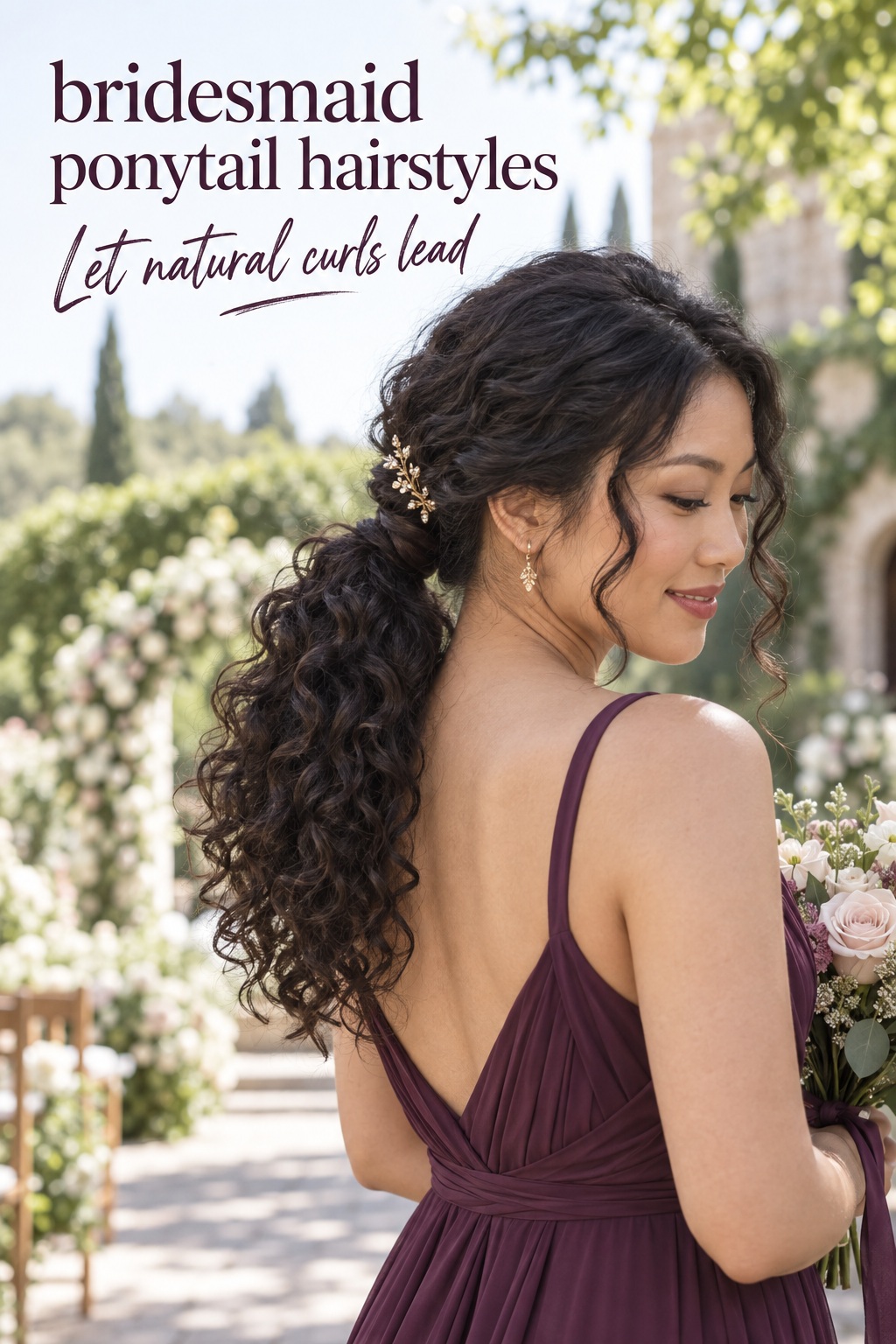 Bridesmaid ponytail hairstyles preserving natural curls in a low ponytail