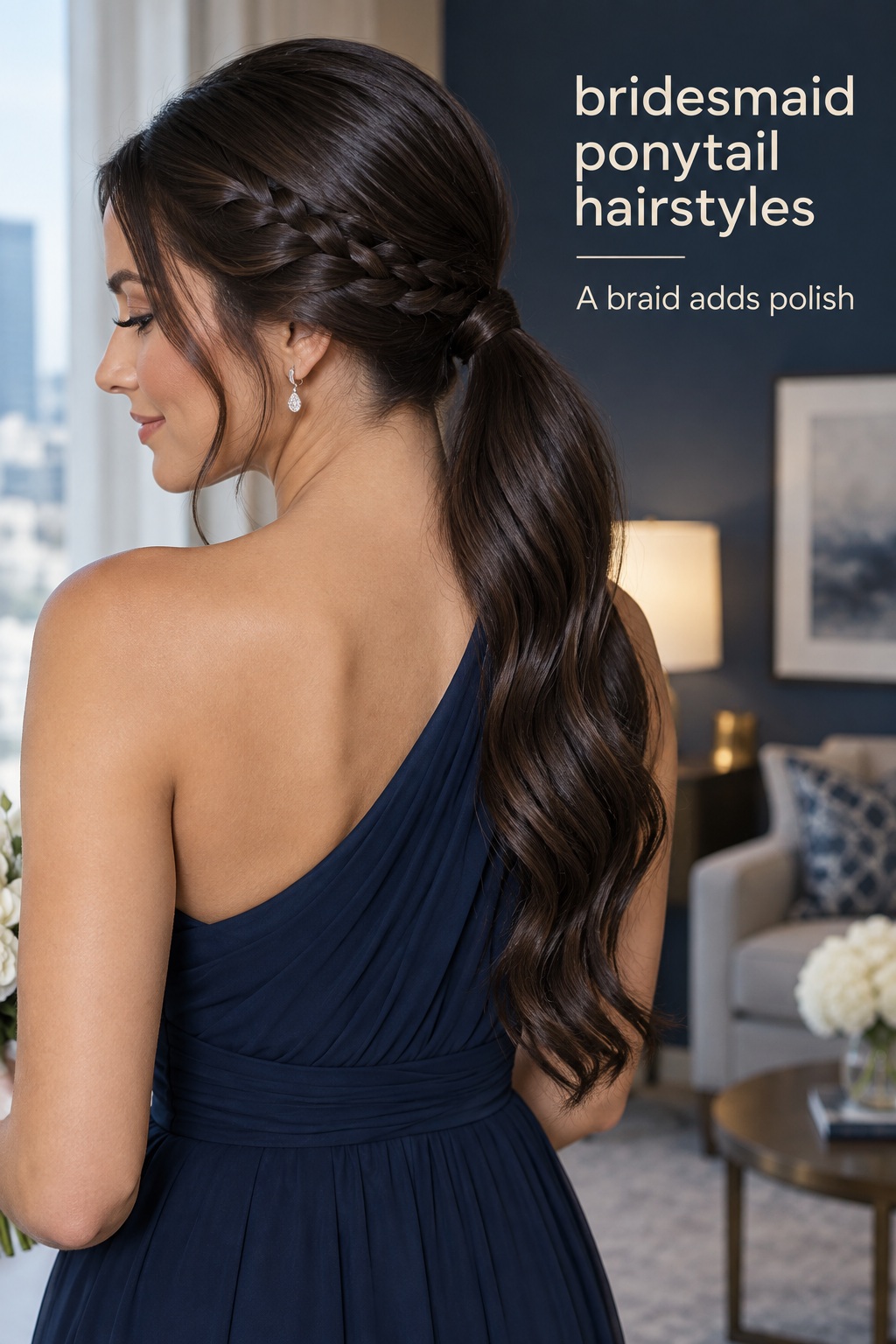 Bridesmaid ponytail hairstyles with a side braid and wrapped ponytail base