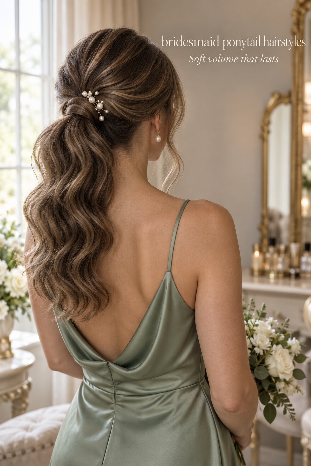 Bridesmaid ponytail hairstyles with soft volume and a pearl-wrapped base