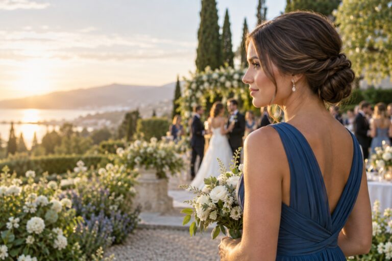 Bridesmaid in a blue dress with a soft sculpted low updo