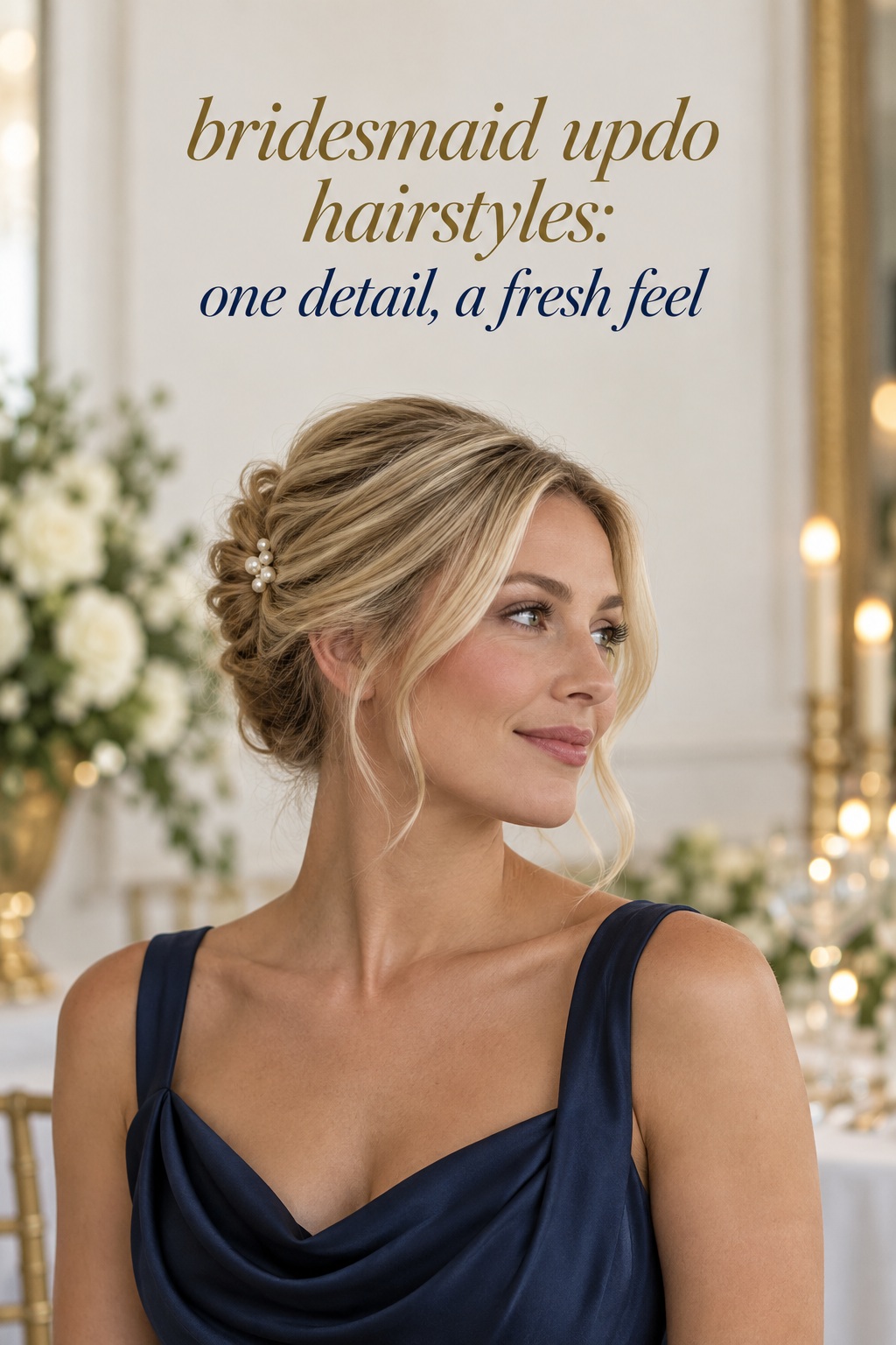 Bridesmaid updo hairstyles with a medium-length French twist and pearl comb