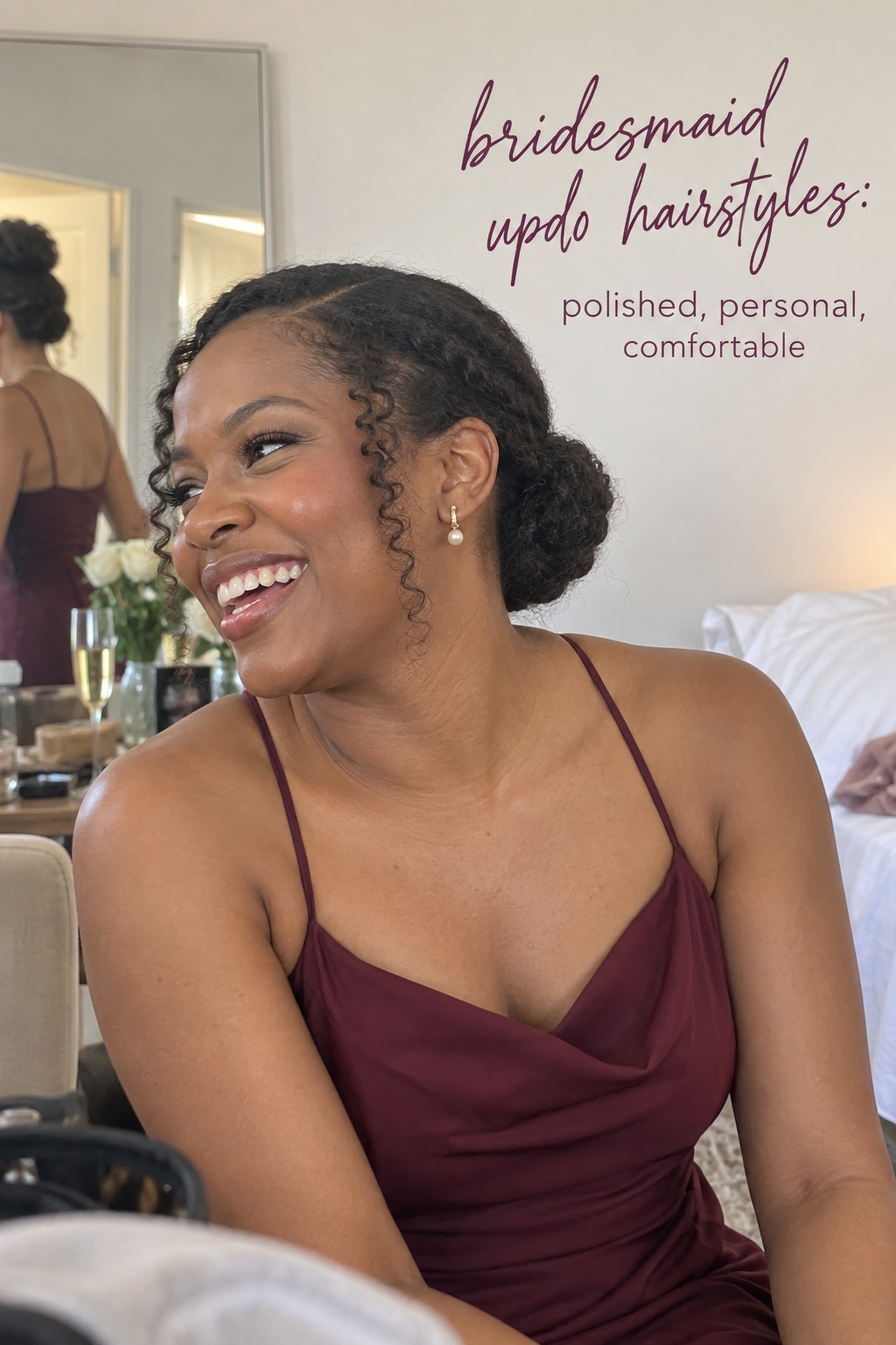 Bridesmaid updo hairstyles in a personal sleek bun with natural texture