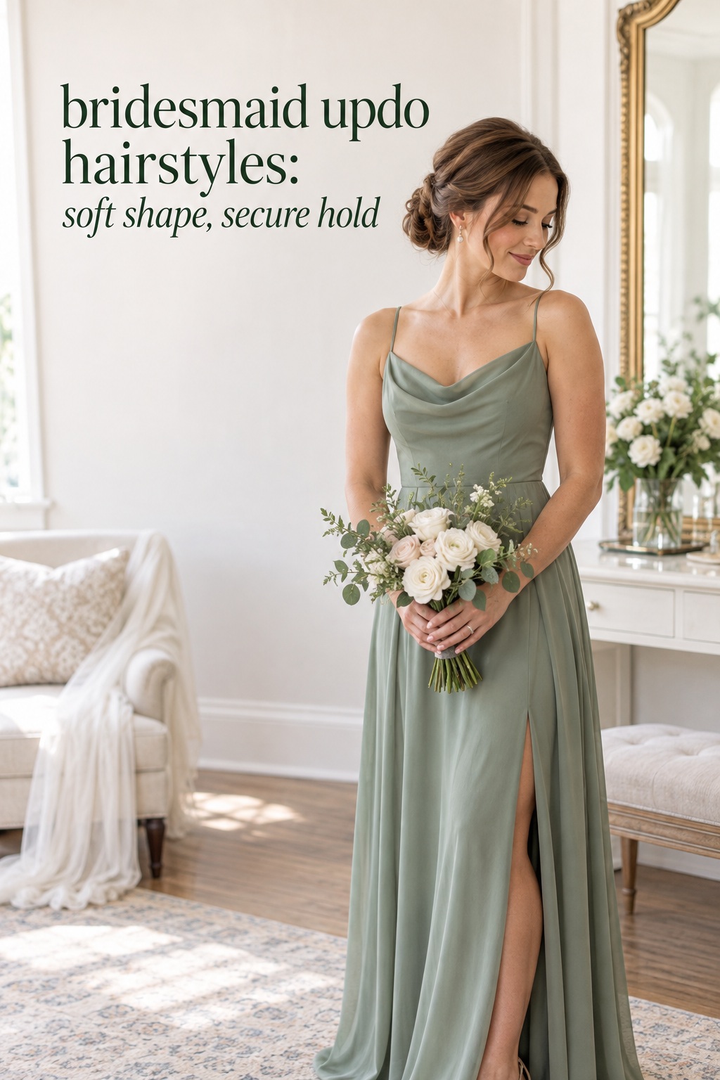Bridesmaid updo hairstyles in a soft romantic low bun with sage dress