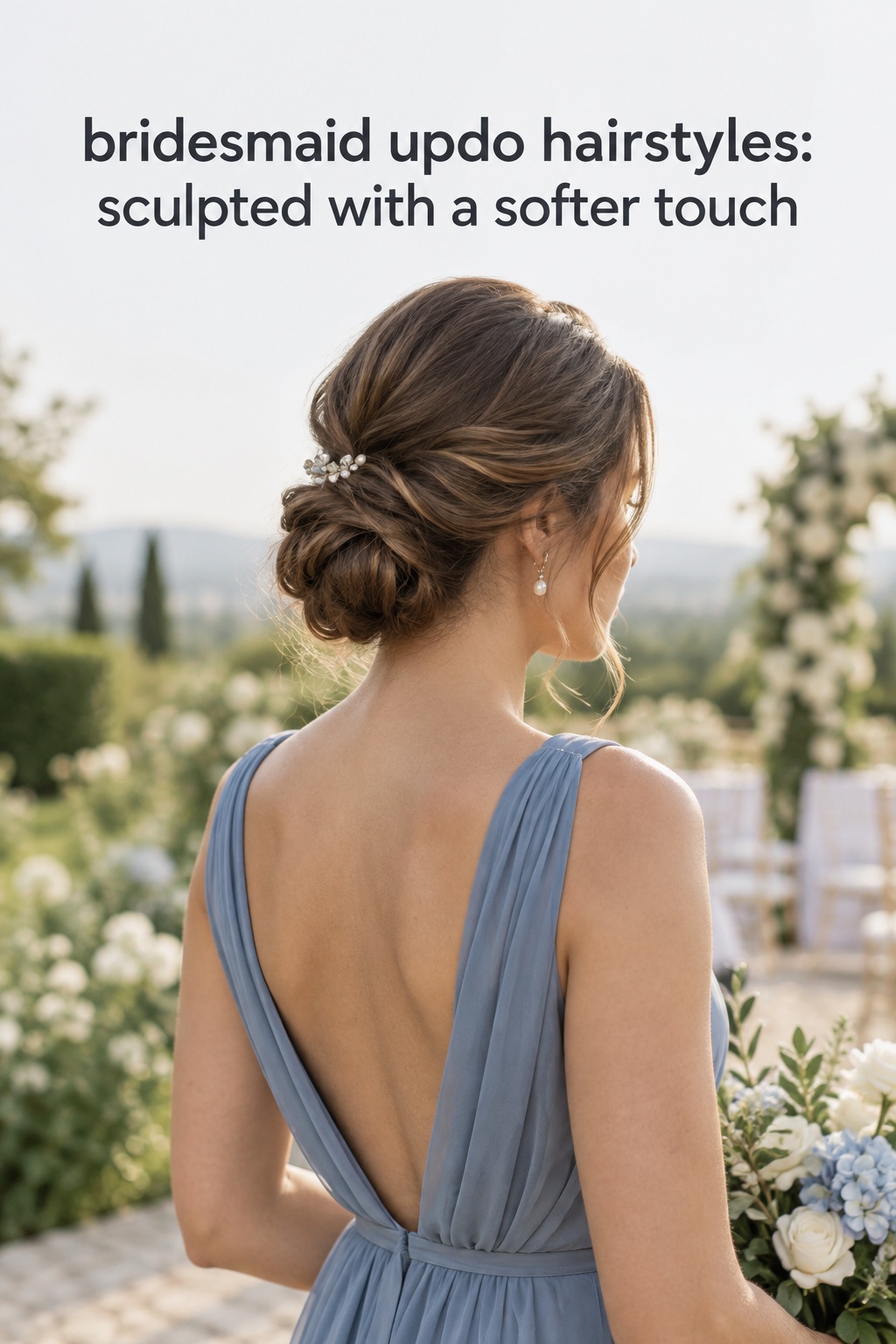 Bridesmaid updo hairstyles in a sculpted twist with an open-back blue dress
