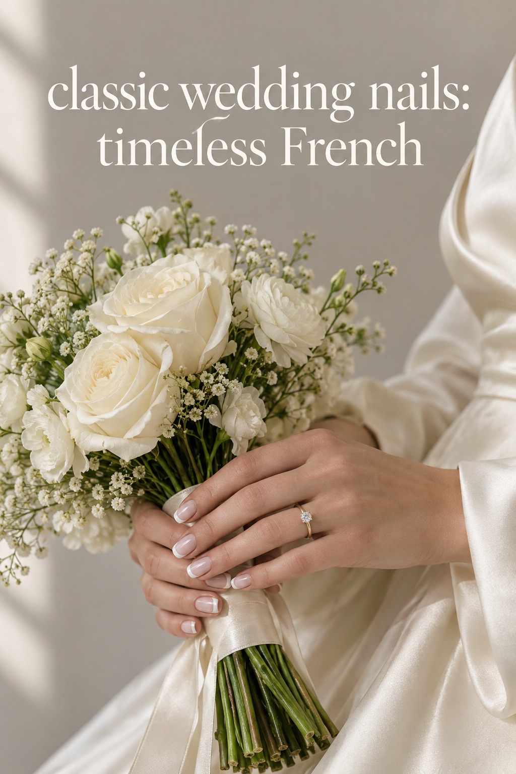 classic wedding nails with a timeless French manicure holding an ivory bouquet