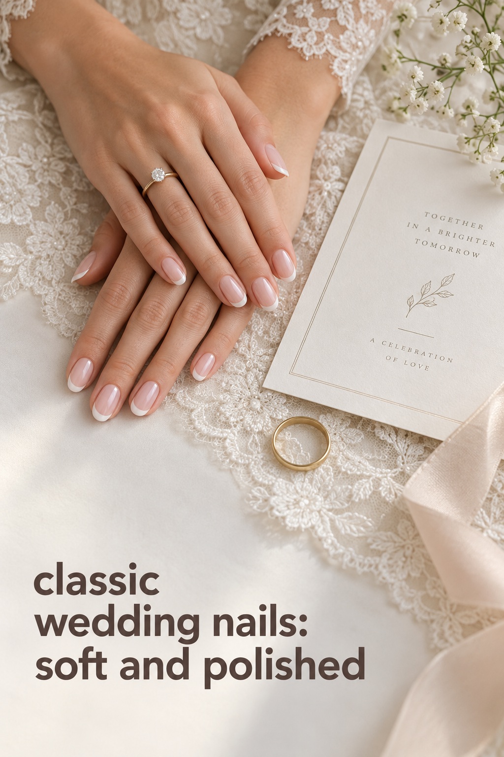 classic wedding nails with a soft polished French manicure beside lace