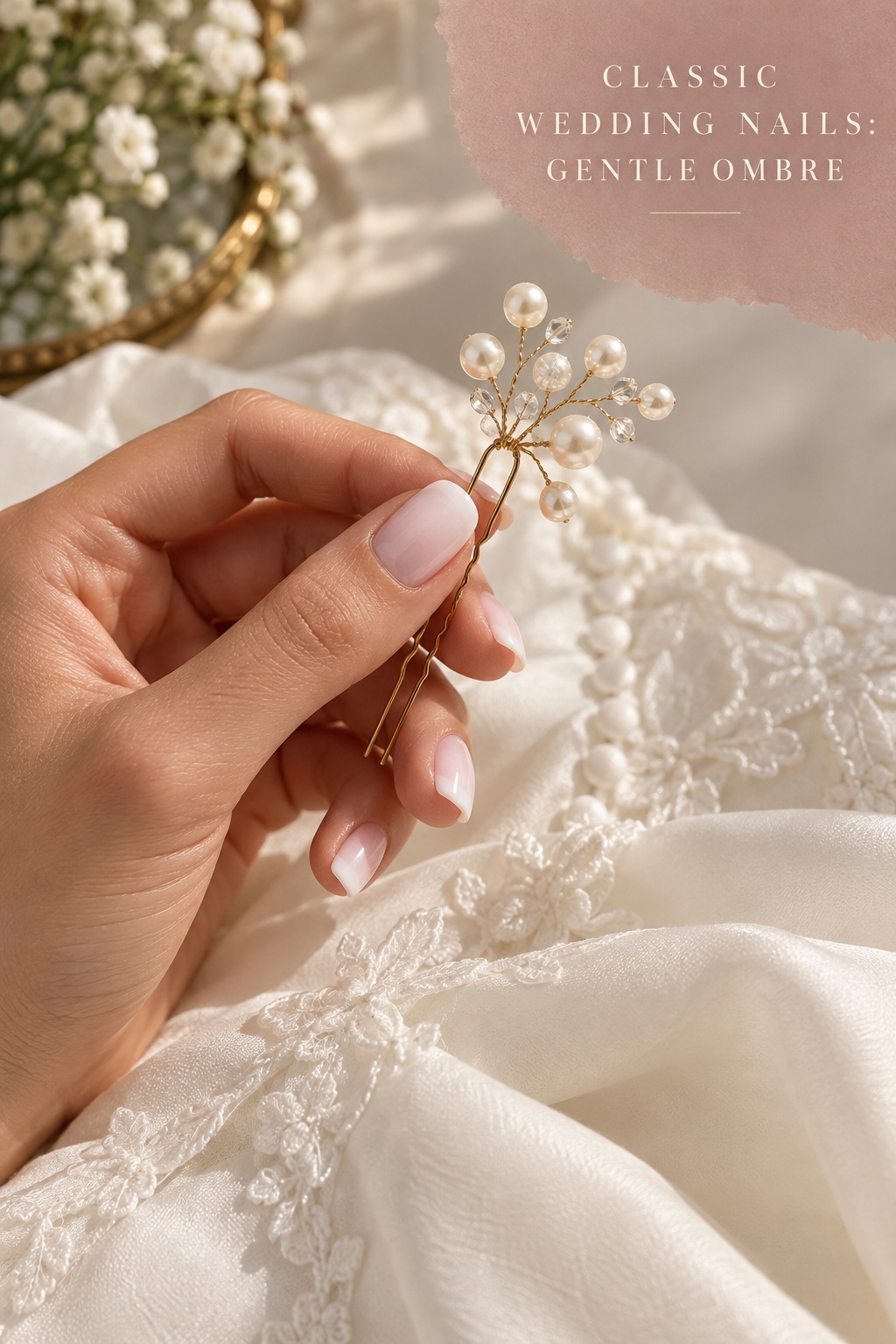 classic wedding nails with a gentle French ombre and pearl hairpin