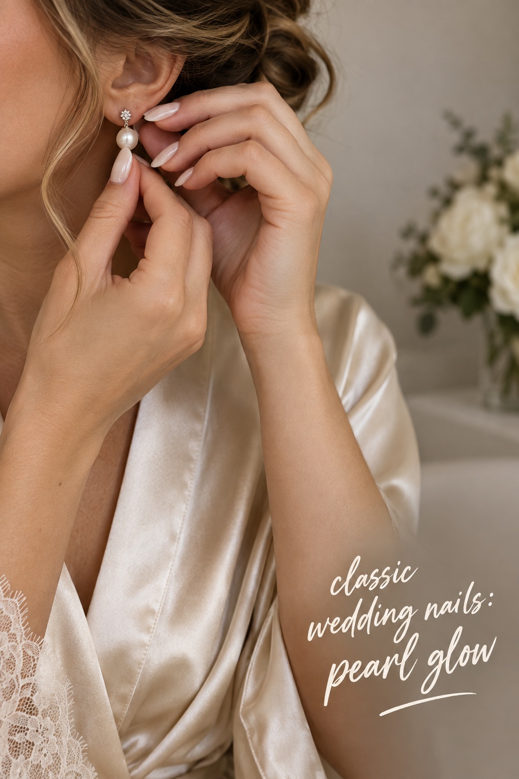 classic wedding nails with a milky nude pearl finish and bridal earring