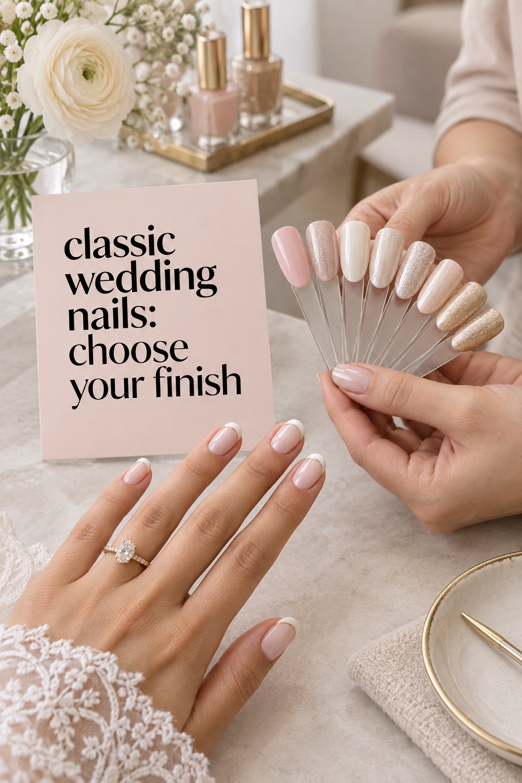 classic wedding nails with a timeless champagne shimmer and bouquet